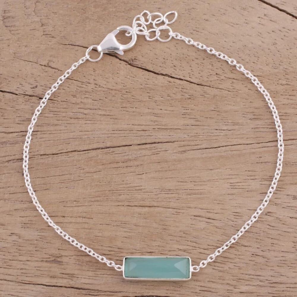 NOVICA 925 Sterling Silver Blue Green Chalcedony Bar Bracelet Handmade India